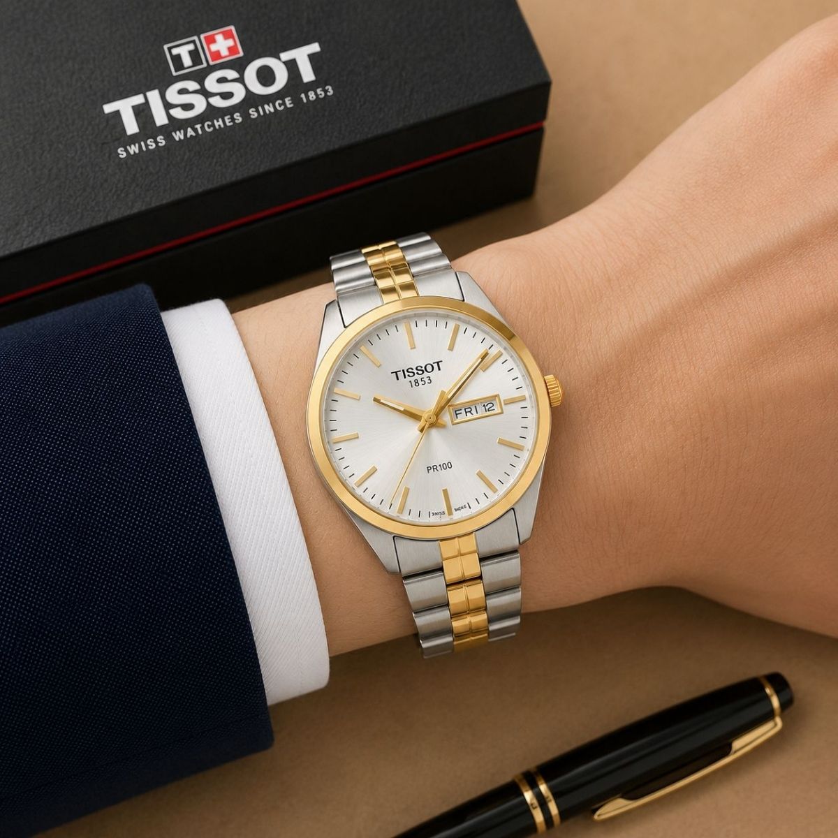 Tis_sot PR100 Men's Day-Date White Dial Two-Tone Stainless Steel Watch