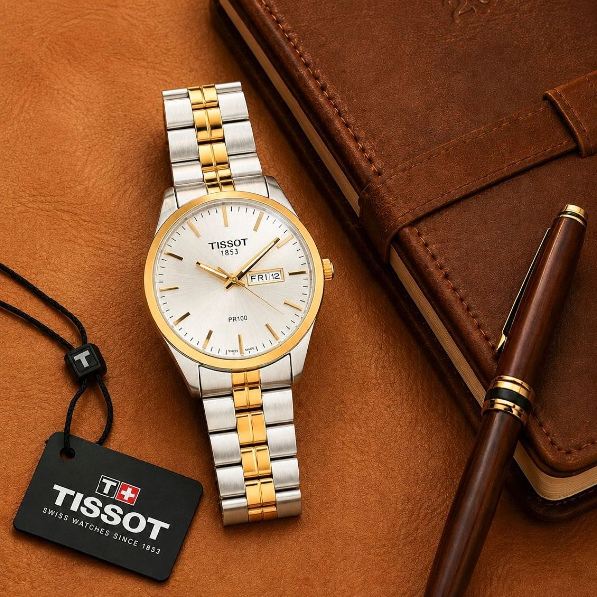 Tis_sot PR100 Men's Day-Date White Dial Two-Tone Stainless Steel Watch
