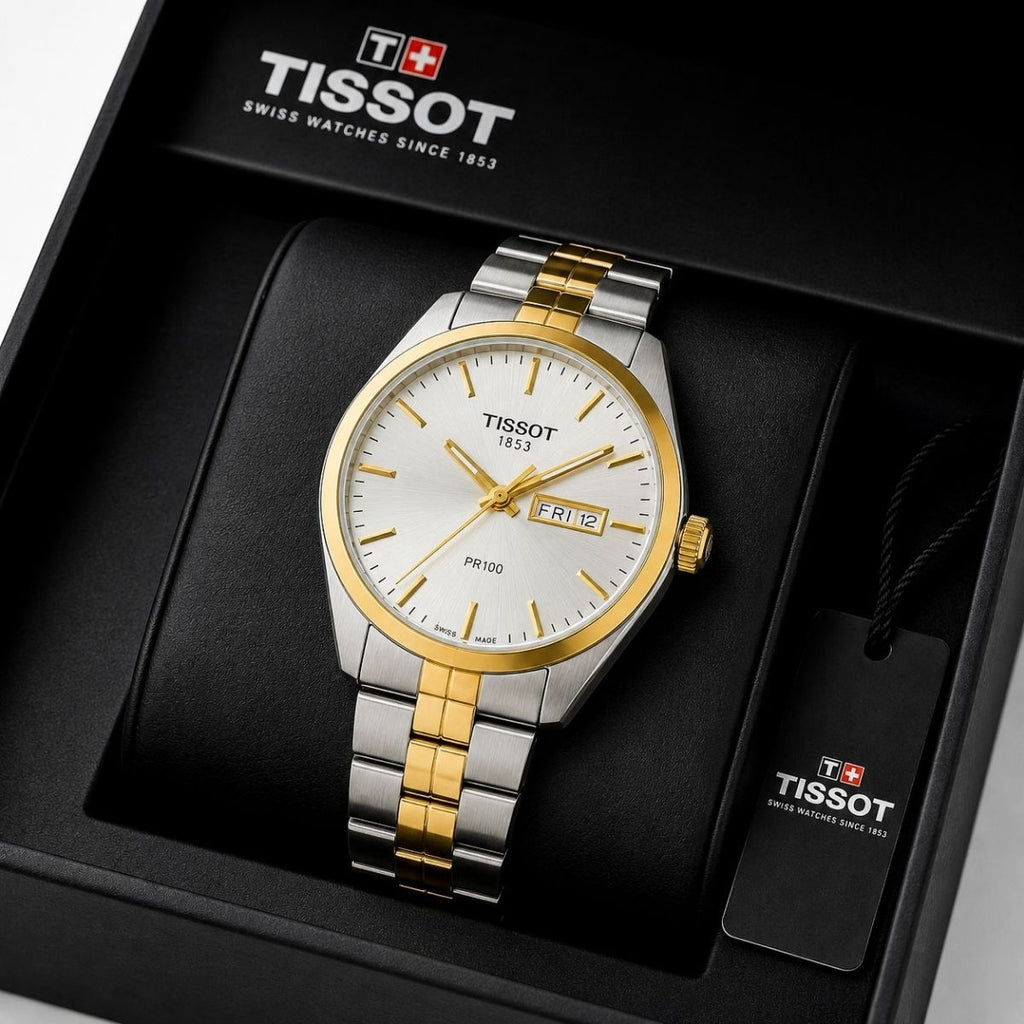Tis_sot PR100 Men's Day-Date White Dial Two-Tone Stainless Steel Watch
