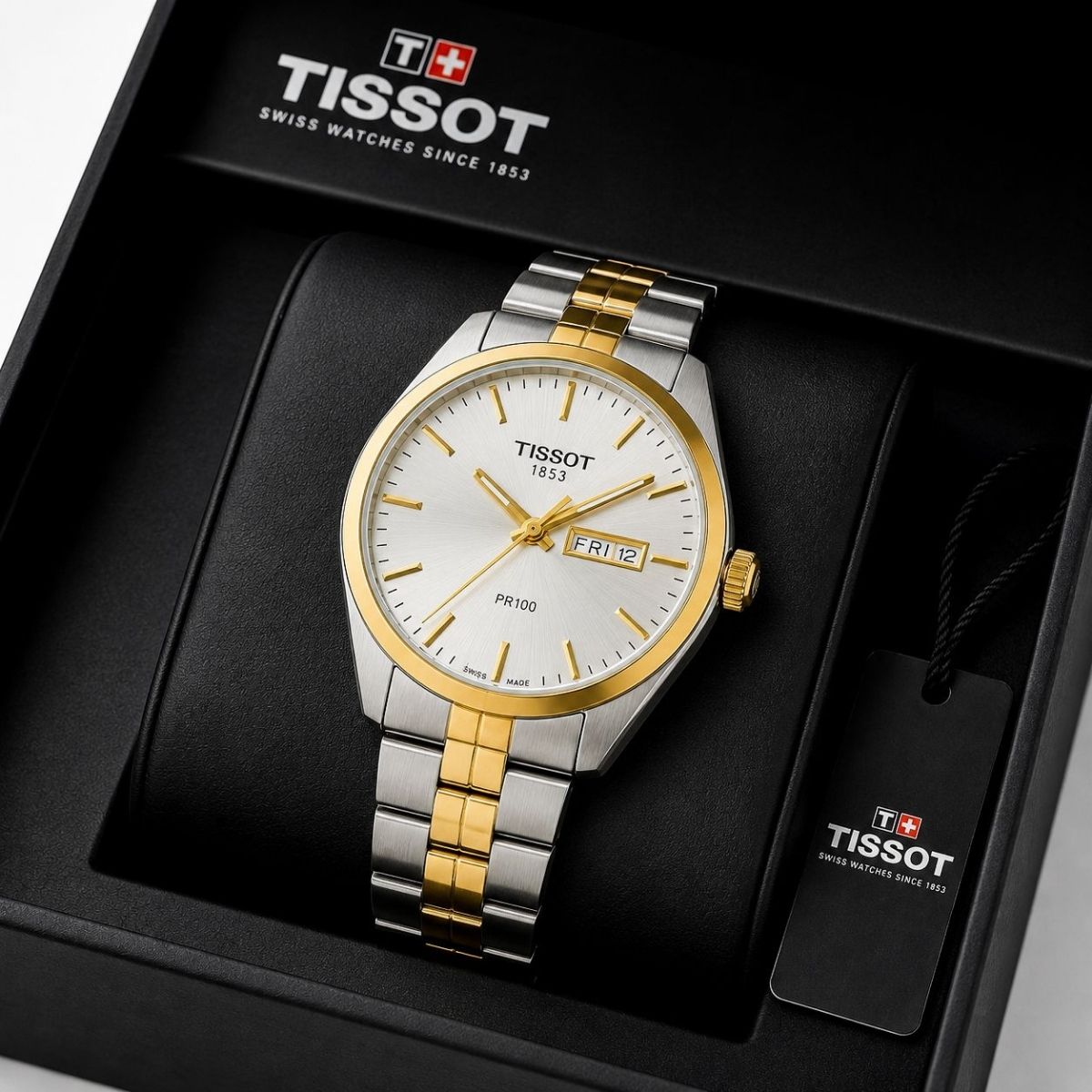 Tis_sot PR100 Men's Day-Date White Dial Two-Tone Stainless Steel Watch