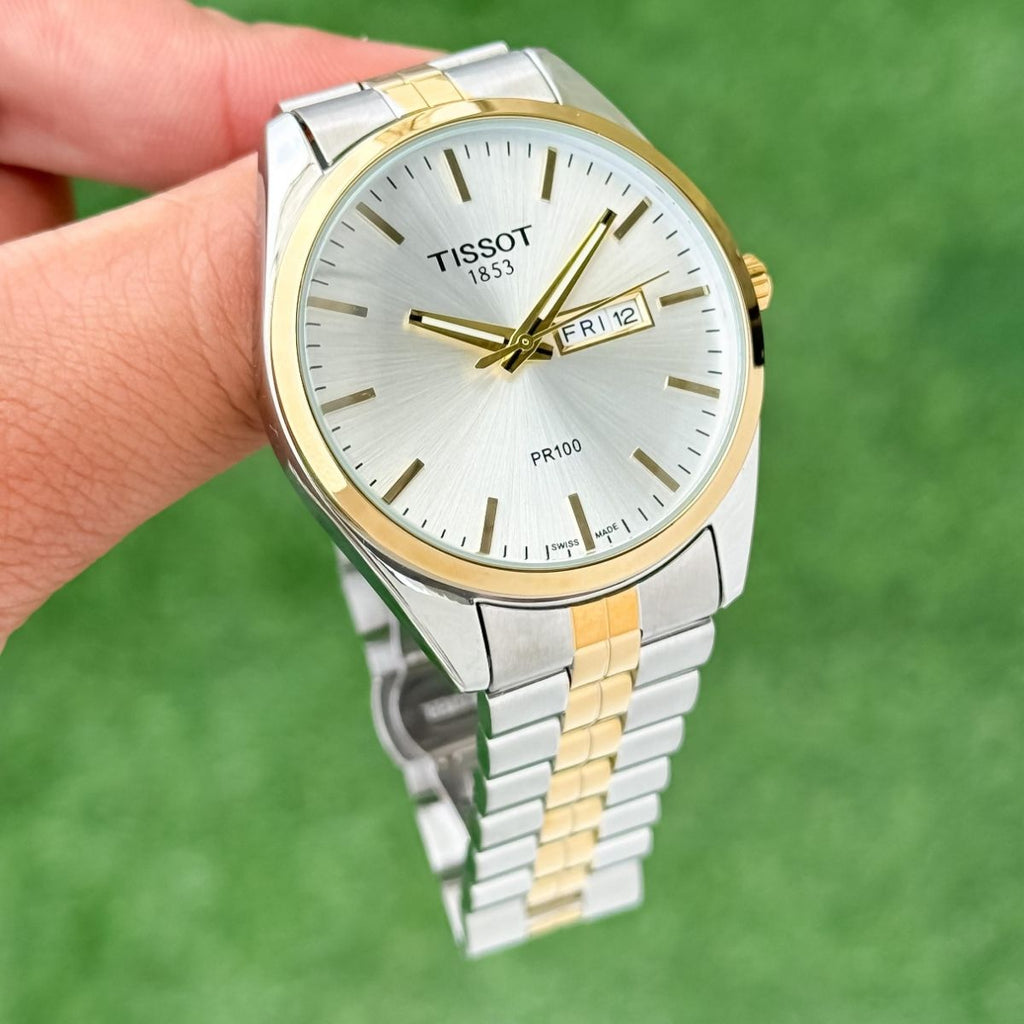 Tis_sot PR100 Men's Day-Date White Dial Two-Tone Stainless Steel Watch
