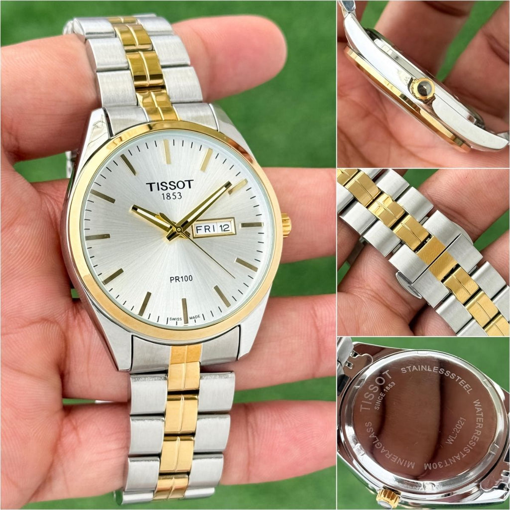 Tis_sot PR100 Men's Day-Date White Dial Two-Tone Stainless Steel Watch