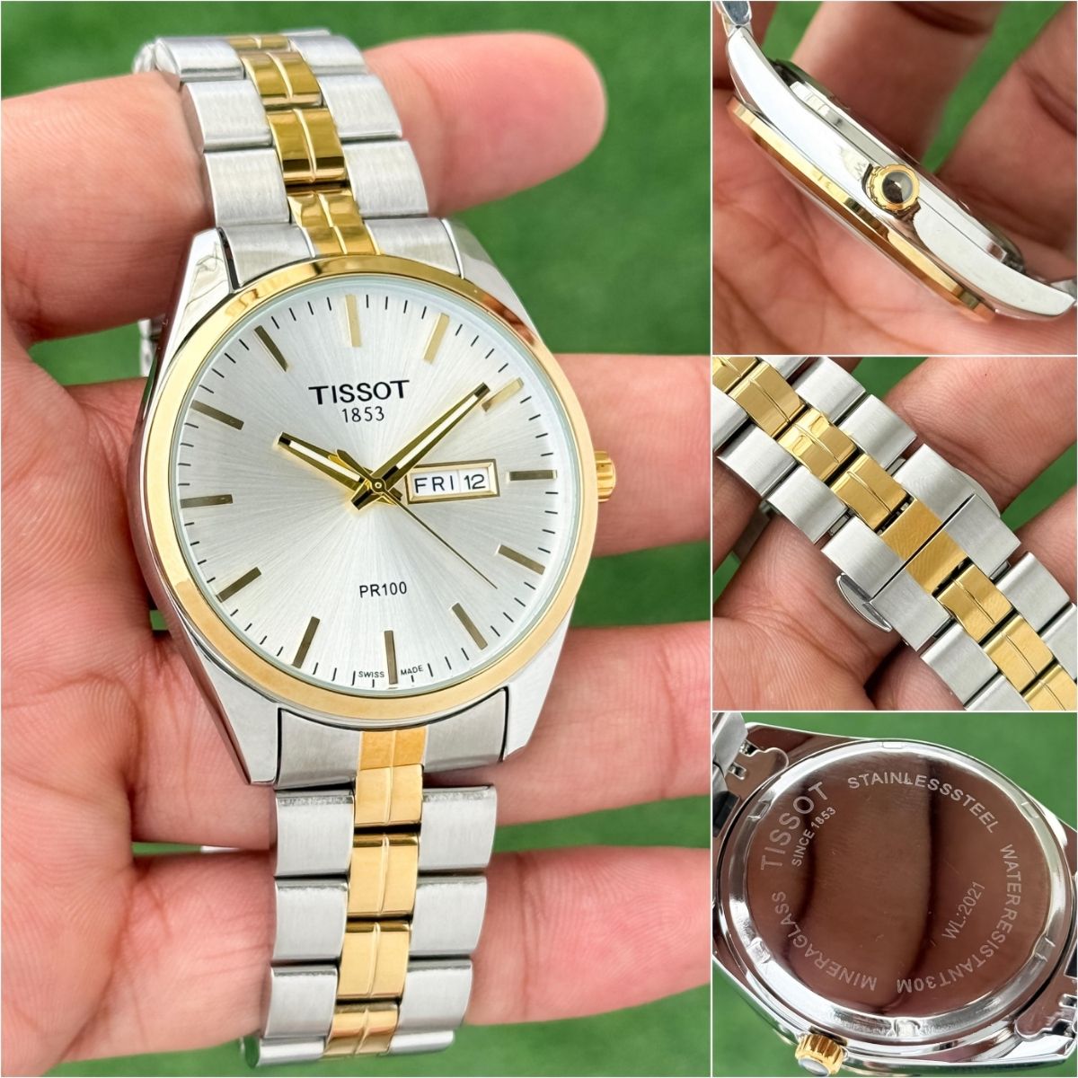 Tis_sot PR100 Men's Day-Date White Dial Two-Tone Stainless Steel Watch