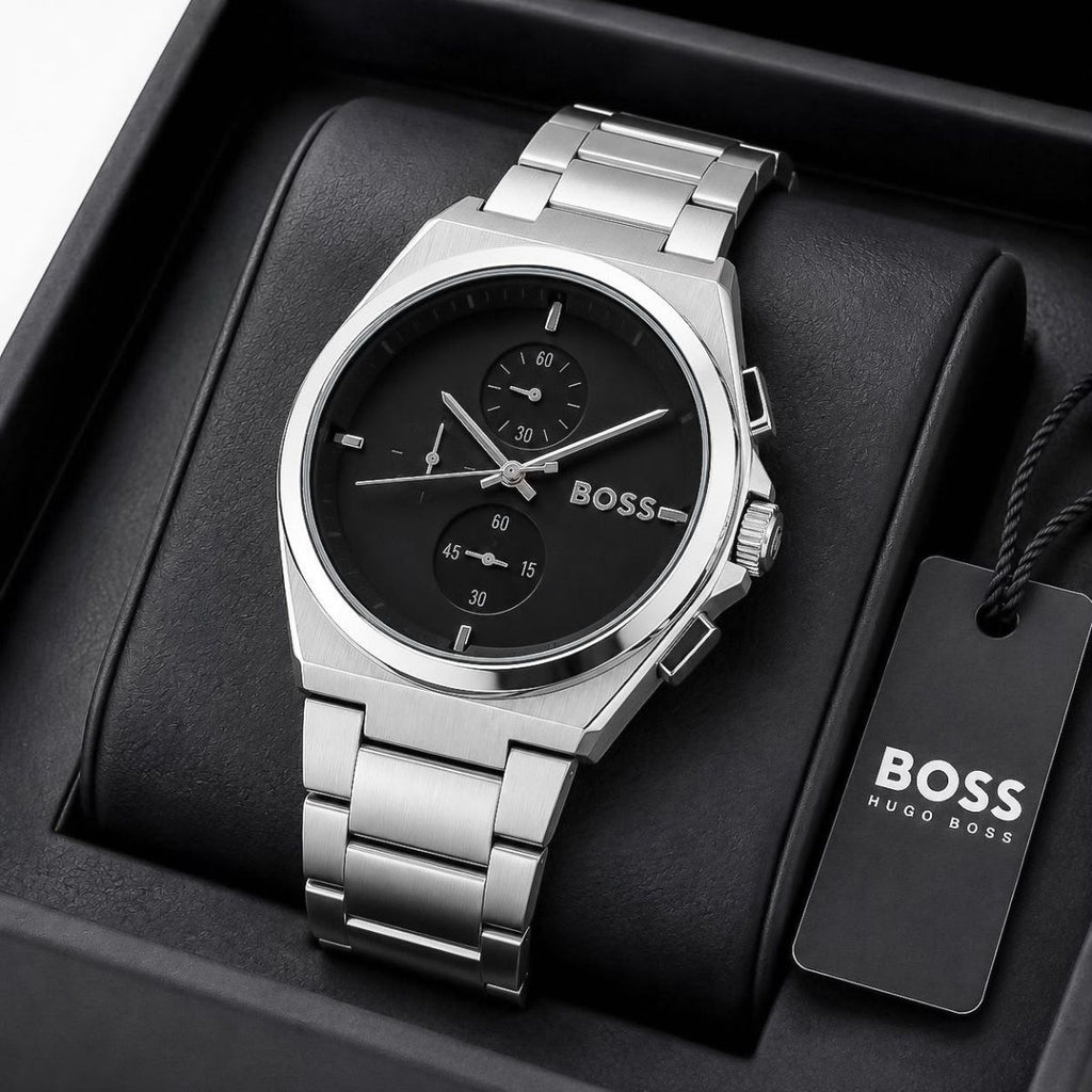 BO_SS Hugo Boss Men's Black Dial Silver Stainless Steel Chronograph Watch