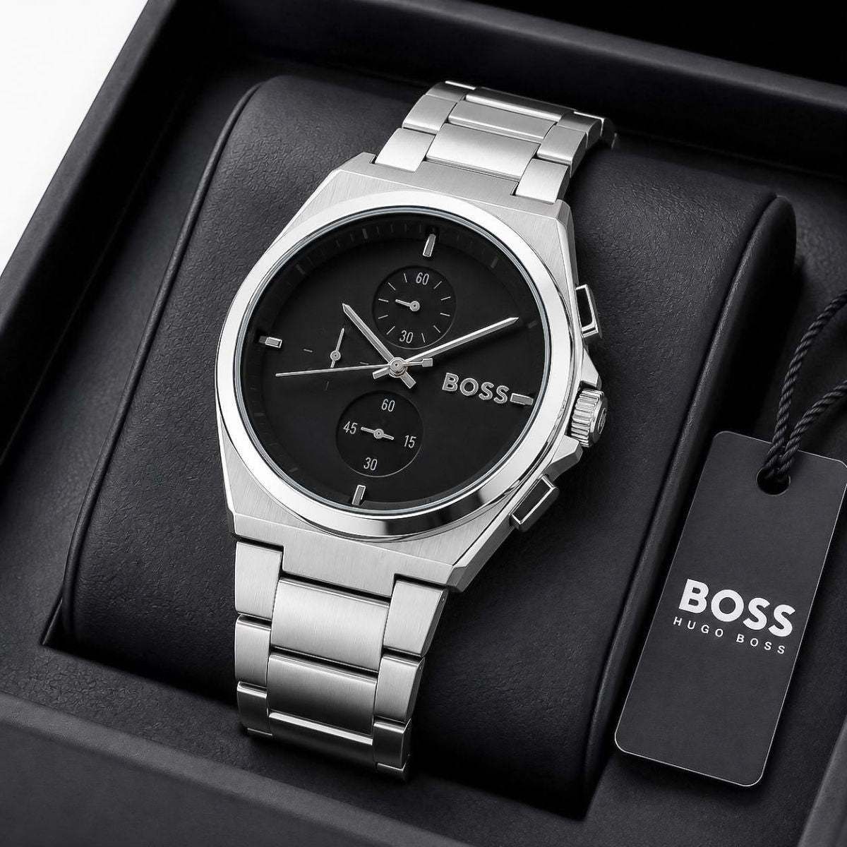 BO_SS Hugo Boss Men's Black Dial Silver Stainless Steel Chronograph Watch