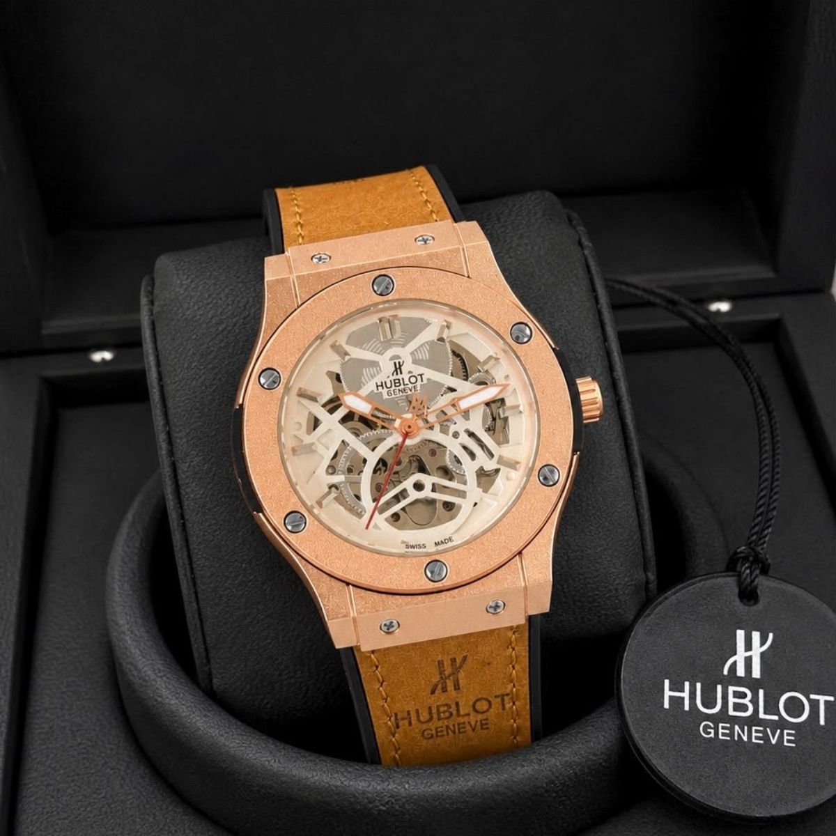 Hub_lot Big Bang Men's Rose Gold Skeleton Dial Tan Leather Strap Watch