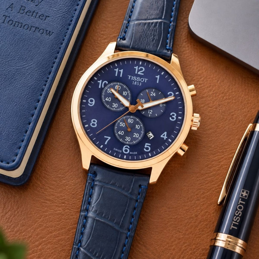 Tis_sot Men's T-Sport Chronograph Blue Dial Gold Tone Leather Strap Watch