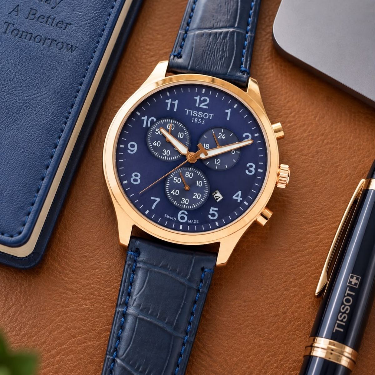 Tis_sot Men's T-Sport Chronograph Blue Dial Gold Tone Leather Strap Watch