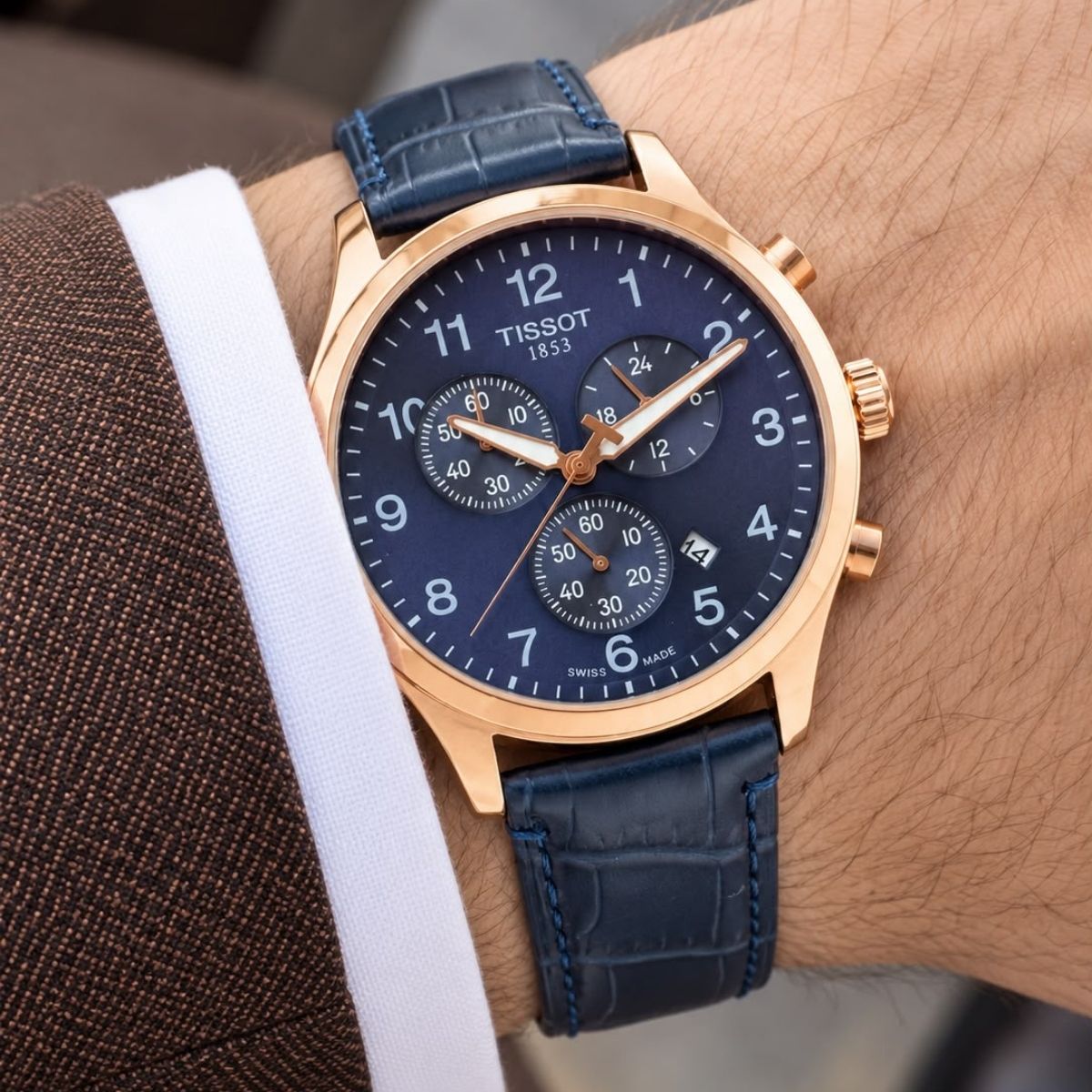 Tis_sot Men's T-Sport Chronograph Blue Dial Gold Tone Leather Strap Watch