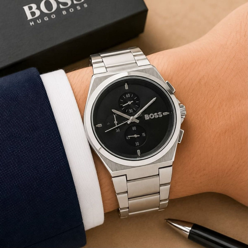 BO_SS Hugo Boss Men's Black Dial Silver Stainless Steel Chronograph Watch