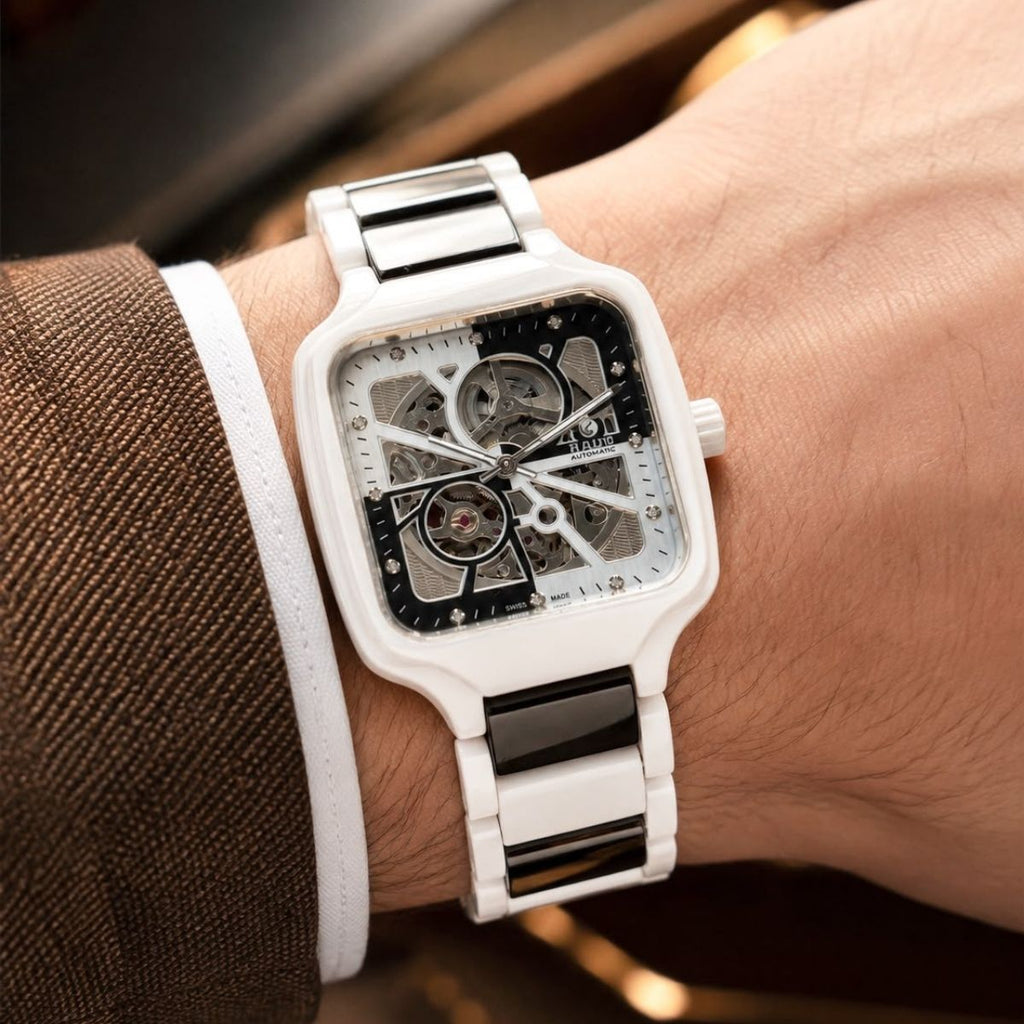 Ra_do Men's Automatic Open Heart Black & White Ceramic Stainless Steel Watch