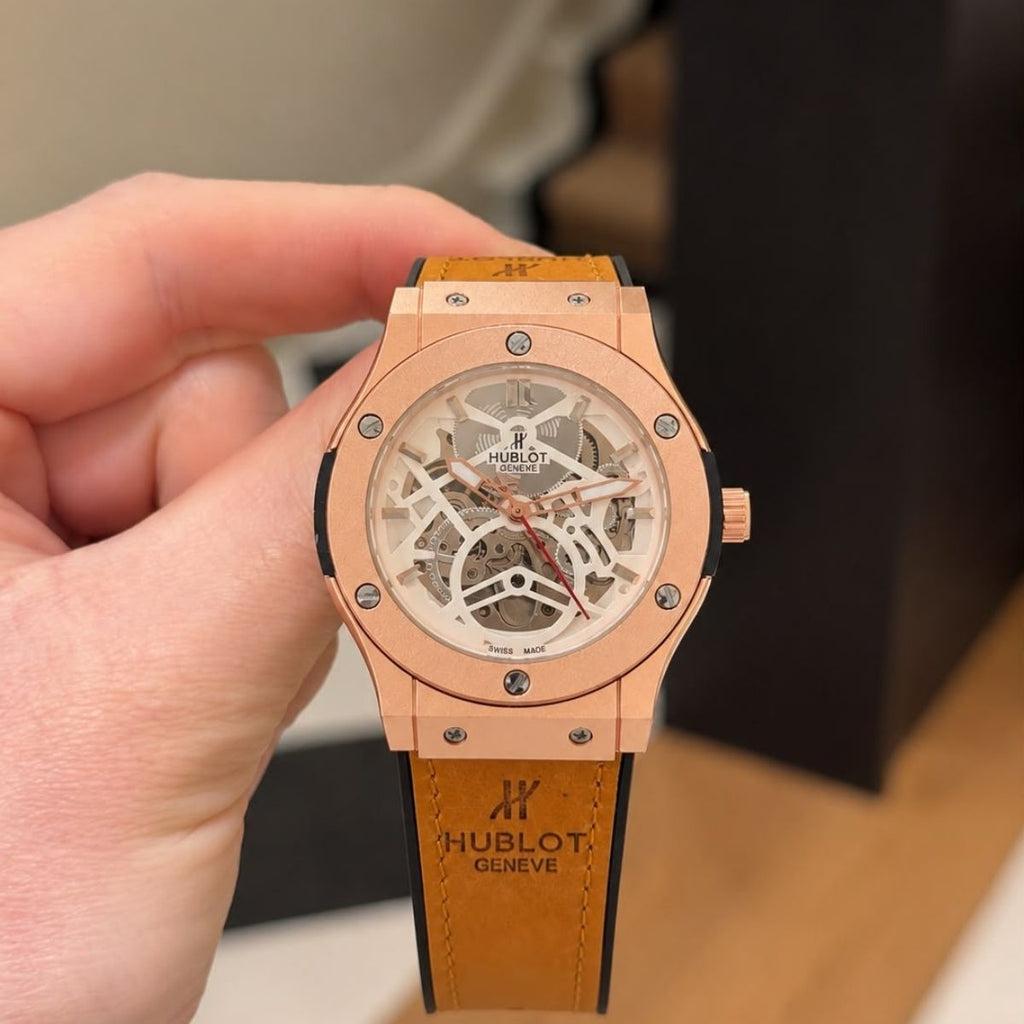 Hub_lot Big Bang Men's Rose Gold Skeleton Dial Tan Leather Strap Watch
