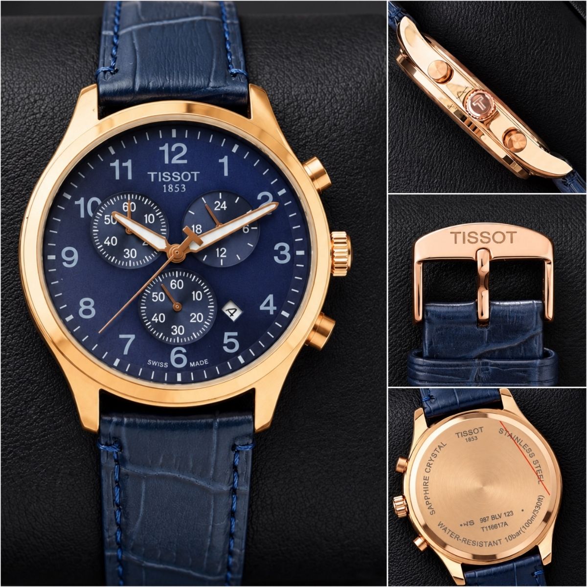 Tis_sot Men's T-Sport Chronograph Blue Dial Gold Tone Leather Strap Watch