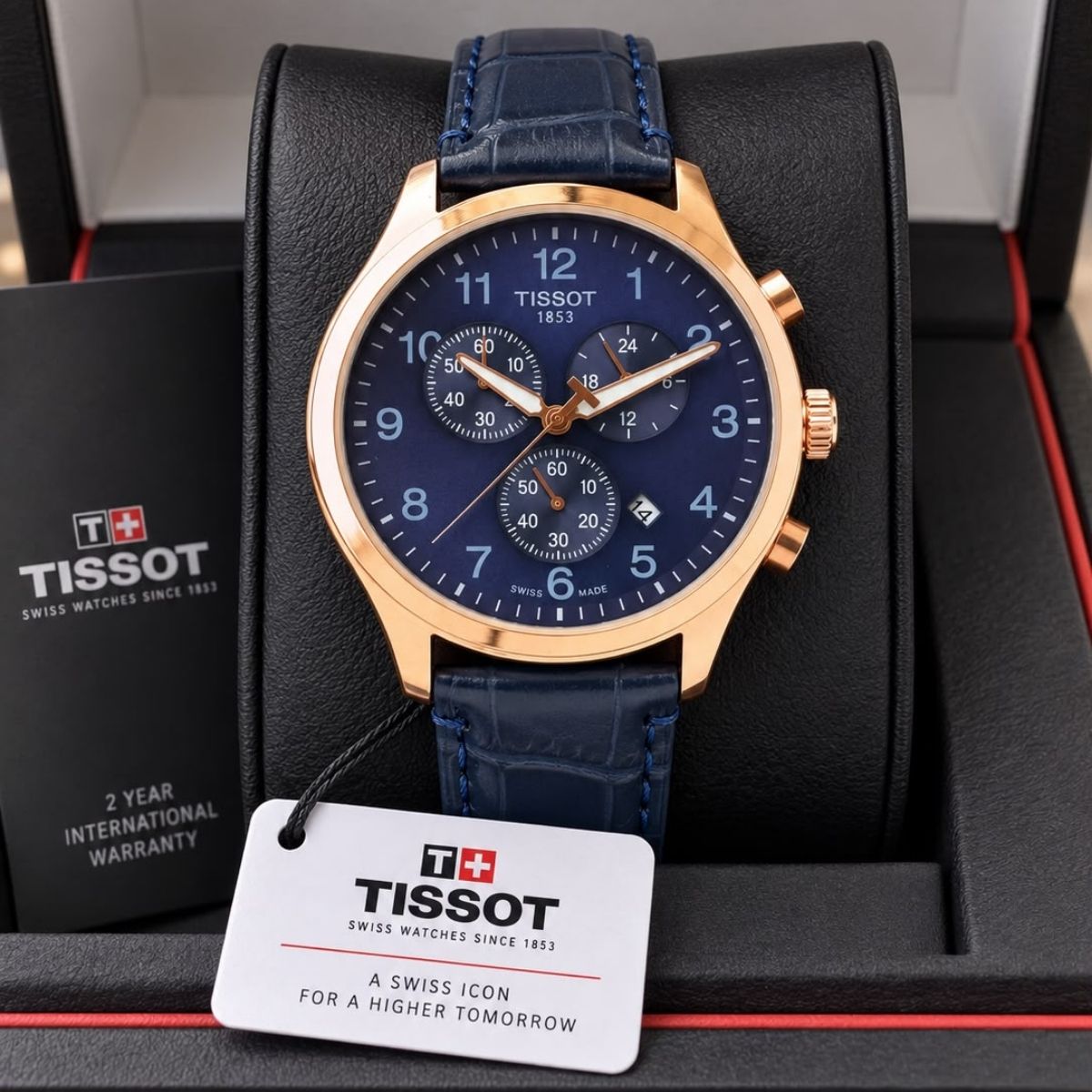 Tis_sot Men's T-Sport Chronograph Blue Dial Gold Tone Leather Strap Watch
