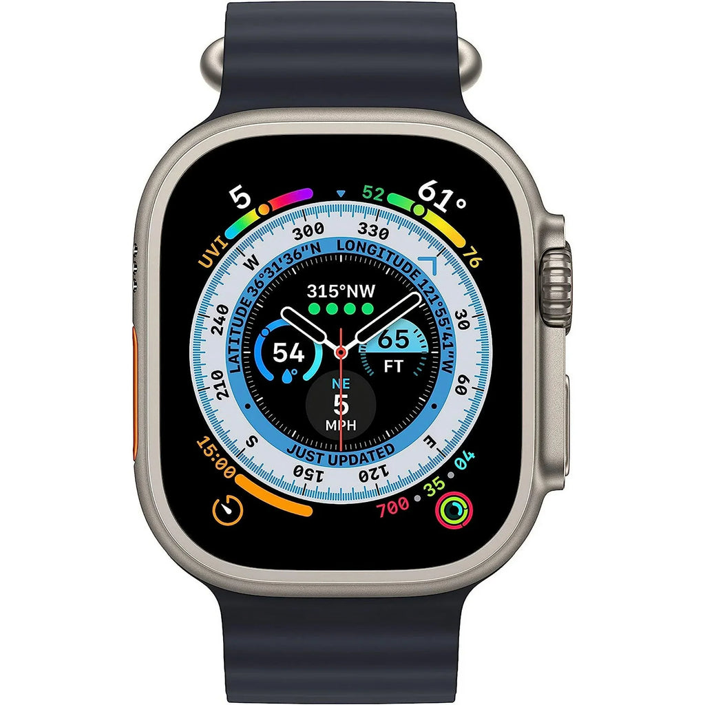 Apple Watch Ultra (GPS + Cellular, 49 mm) Titanium Case with Midnight Ocean Band, Bundle 6 Bonus Bands, Charging Stand, & 2 amp charger