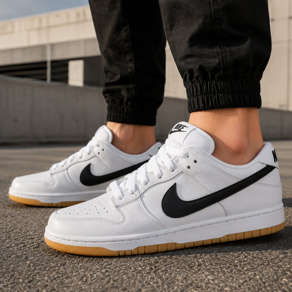 Ni_ke SB Dunk Low White Black Gum Sneakers