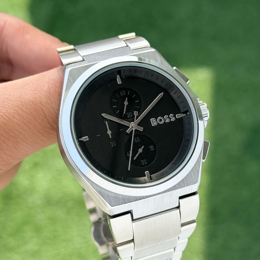 BO_SS Hugo Boss Men's Black Dial Silver Stainless Steel Chronograph Watch