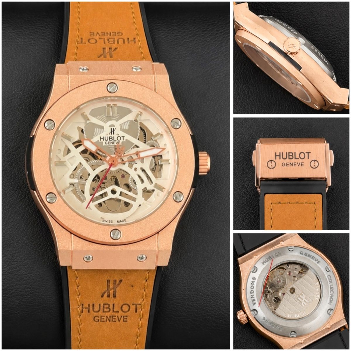 Hub_lot Big Bang Men's Rose Gold Skeleton Dial Tan Leather Strap Watch