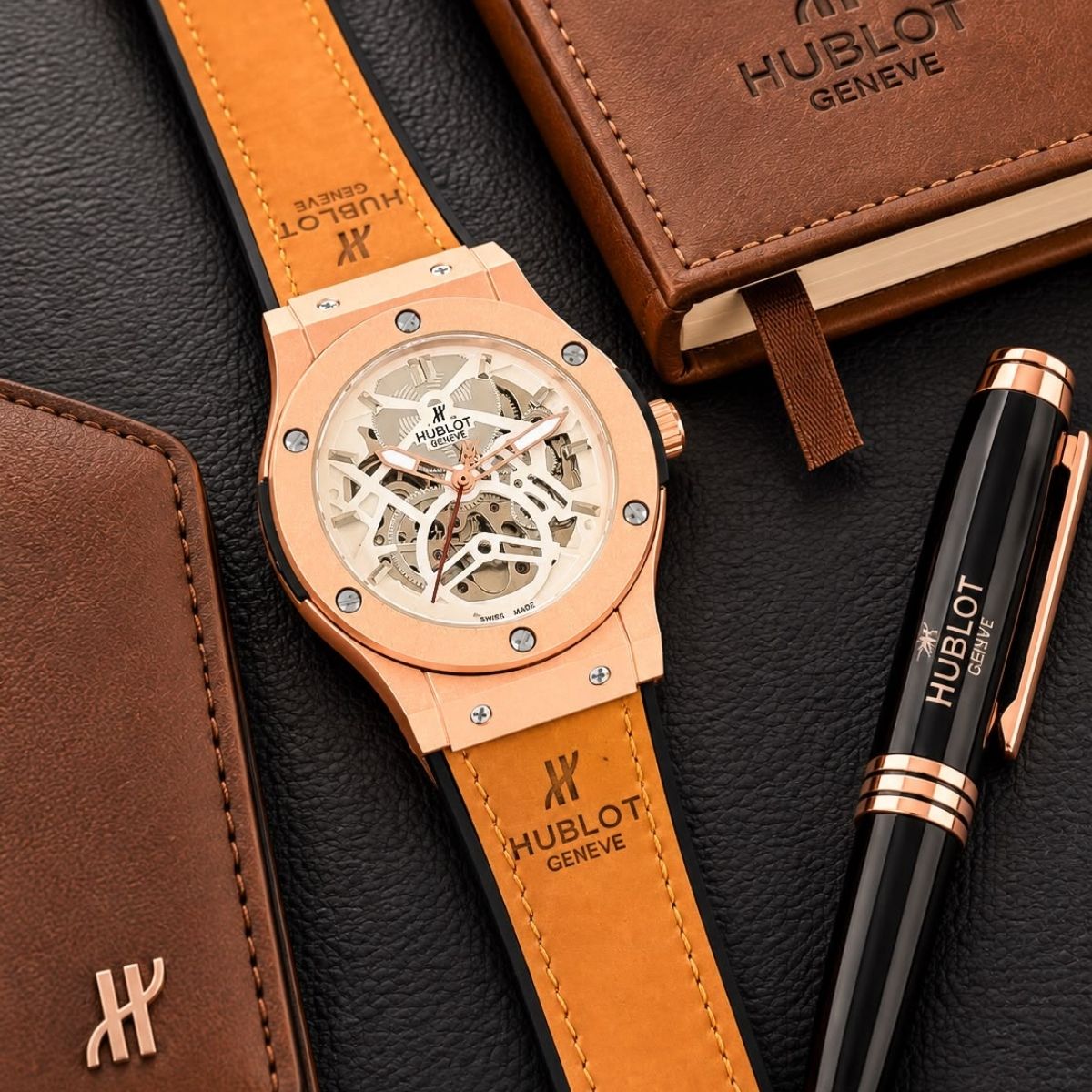 Hub_lot Big Bang Men's Rose Gold Skeleton Dial Tan Leather Strap Watch