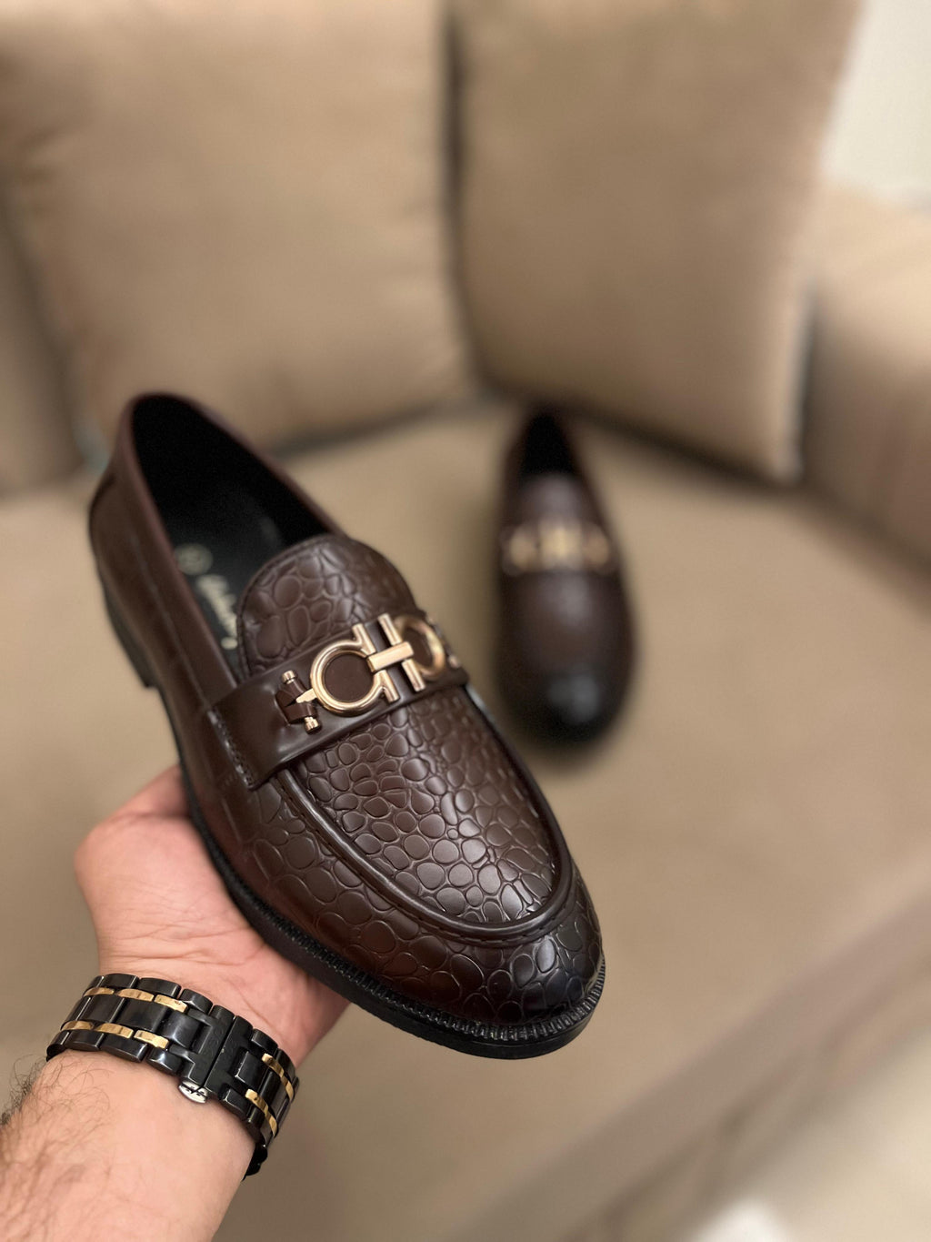 Me_n's Prem_ium Crocodile Texture Loafers – Brown Metal Bit Formal Slip-On Shoes