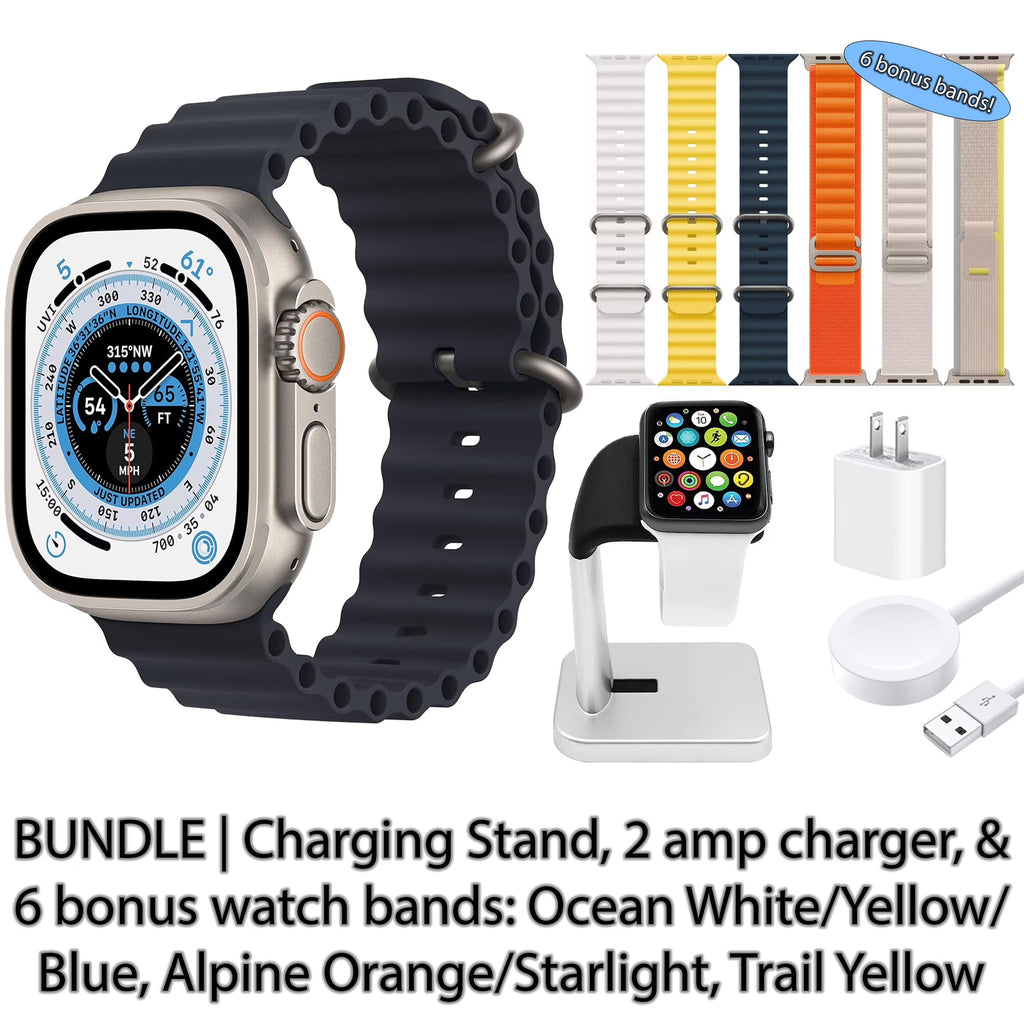 Apple Watch Ultra (GPS + Cellular, 49 mm) Titanium Case with Midnight Ocean Band, Bundle 6 Bonus Bands, Charging Stand, & 2 amp charger