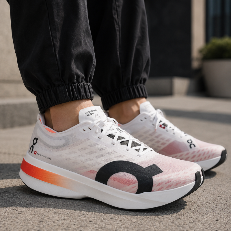 On Cloudboom Marathon Running Shoes for Men, White and Pink