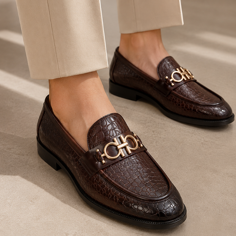 Me_n's Prem_ium Crocodile Texture Loafers – Brown Metal Bit Formal Slip-On Shoes