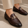 Me_n's Prem_ium Crocodile Texture Loafers – Brown Metal Bit Formal Slip-On Shoes