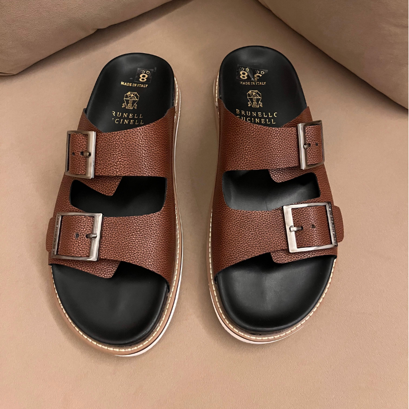 Pre_mium Brown Double-Buckle Comfort Slides for Men