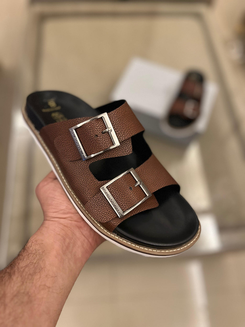 Pre_mium Brown Double-Buckle Comfort Slides for Men